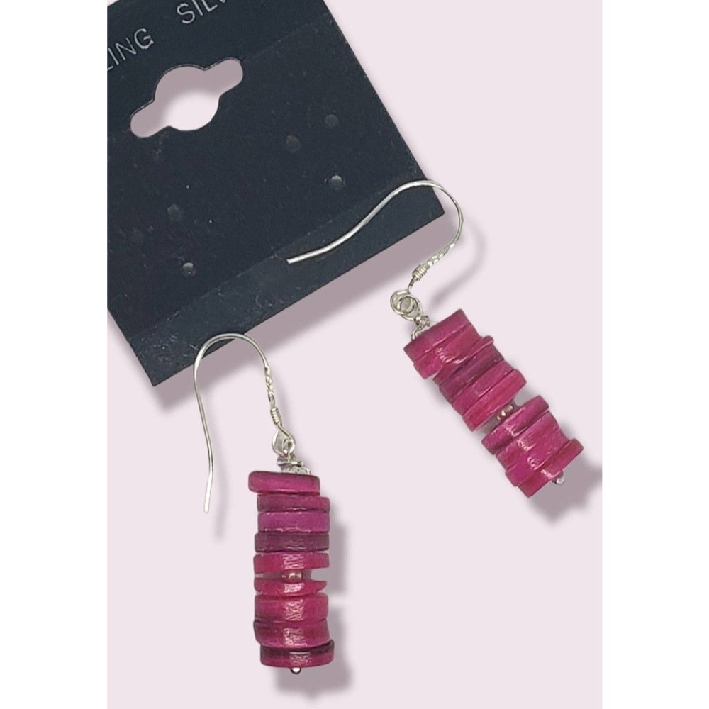 Pink shells heishi beads drop earrings sterling silver 925'